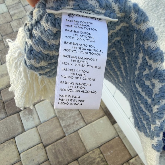 Anthropologie Blue & White Pom Pom Throw Blanket 50x60 Boho Coastal - Picture 2 of 7